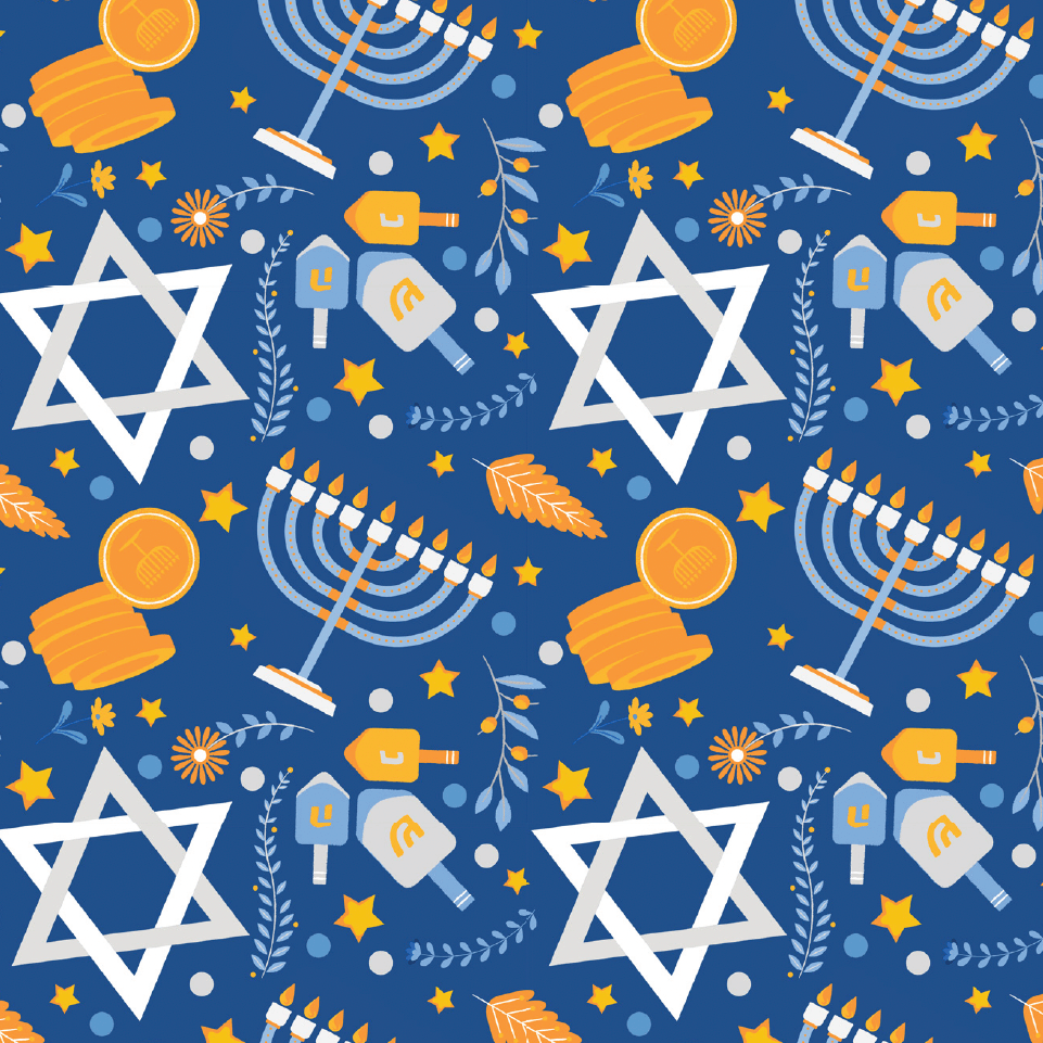 Blue riding socks with Hanukkah-themed pattern featuring Stars of David, dreidels, menorahs, gelt coins, and olive branches