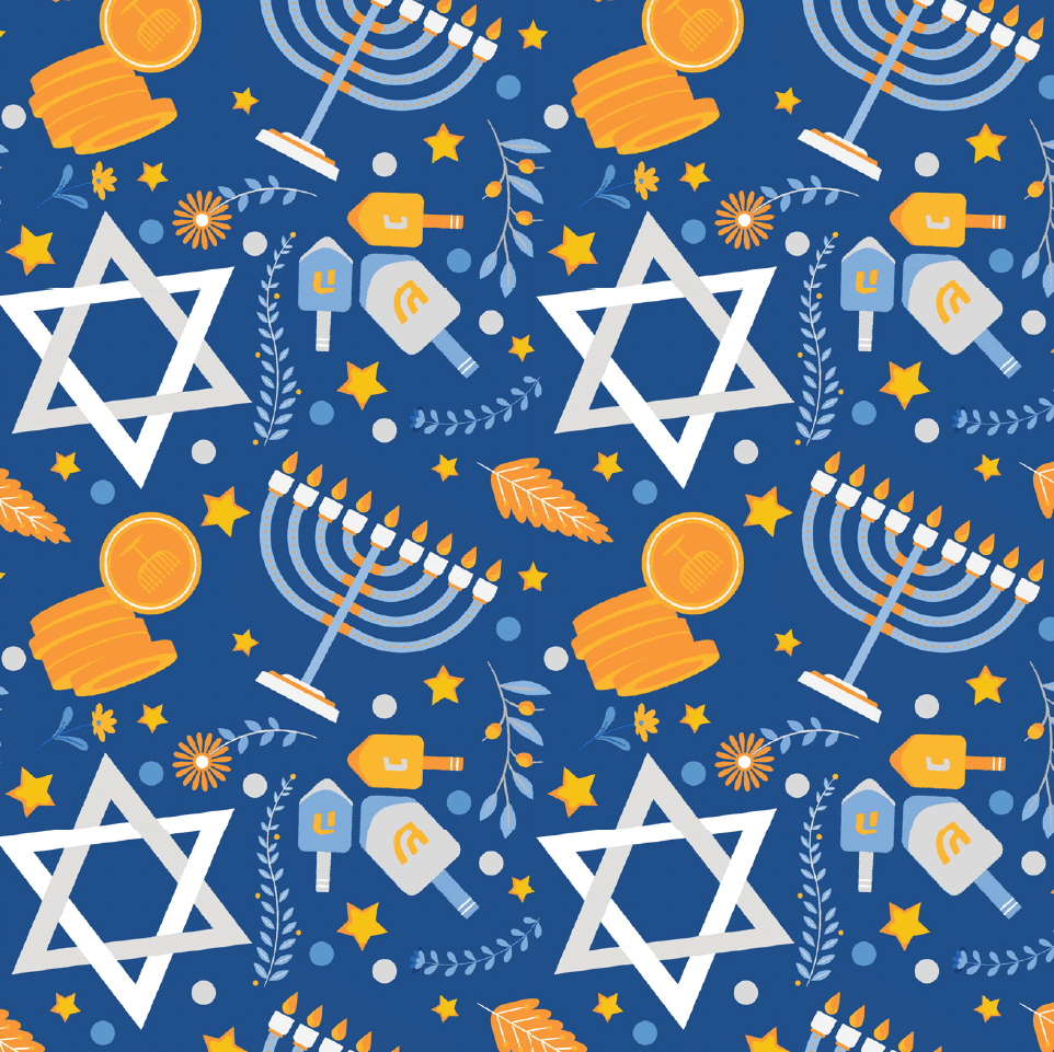 Blue riding socks with Hanukkah-themed pattern featuring Stars of David, dreidels, menorahs, gelt coins, and olive branches