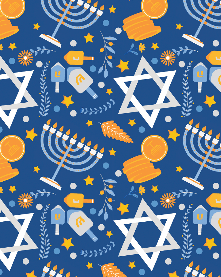 Hanukkah-themed pattern with menorahs, dreidels, stars of David, and gelt coins on blue background