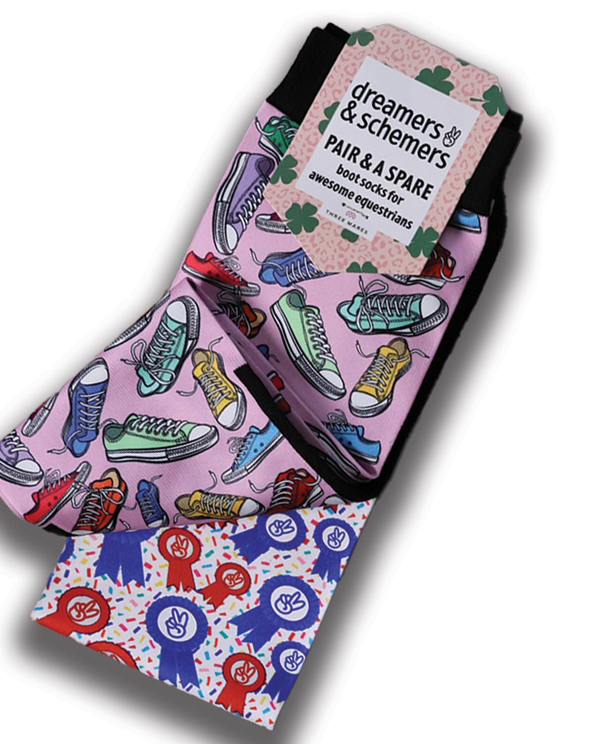 Kicks Pair & a Spare equestrian boot socks featuring sneaker shoe kicks, alternate angle, by Dreamers & Schemers