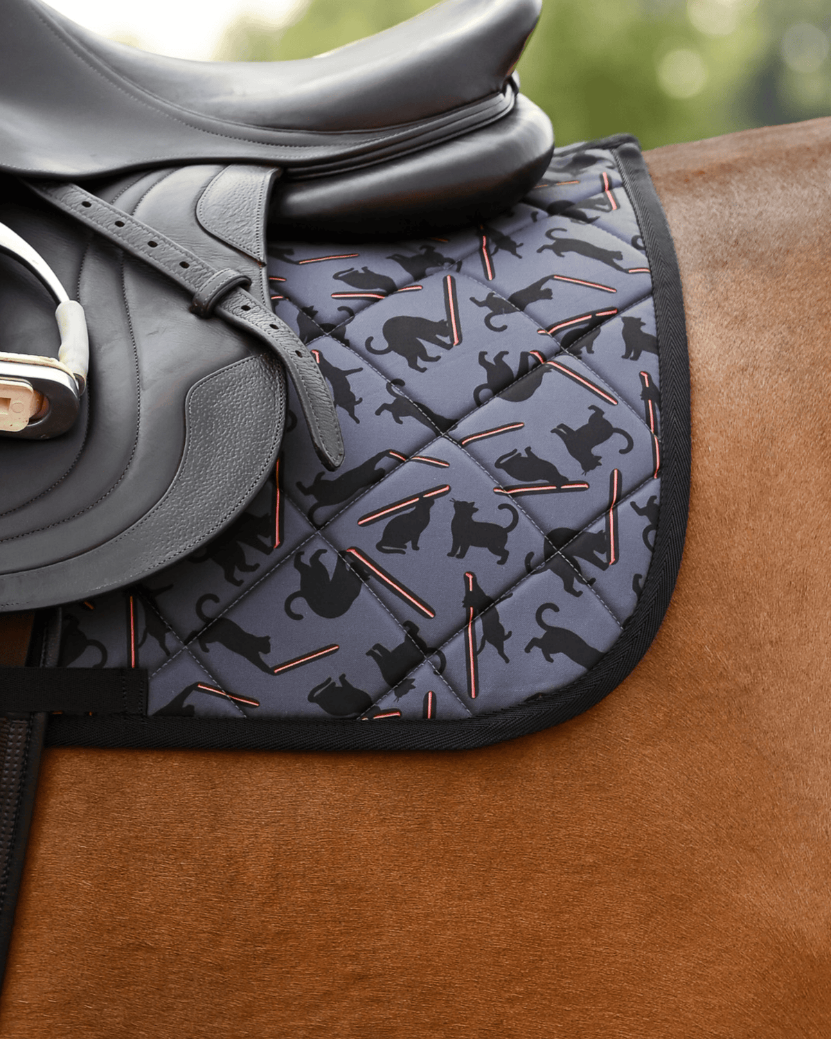 Laser Cats saddle pad in slate grey under a brown close-contact saddle, cats chasing red laser beams
