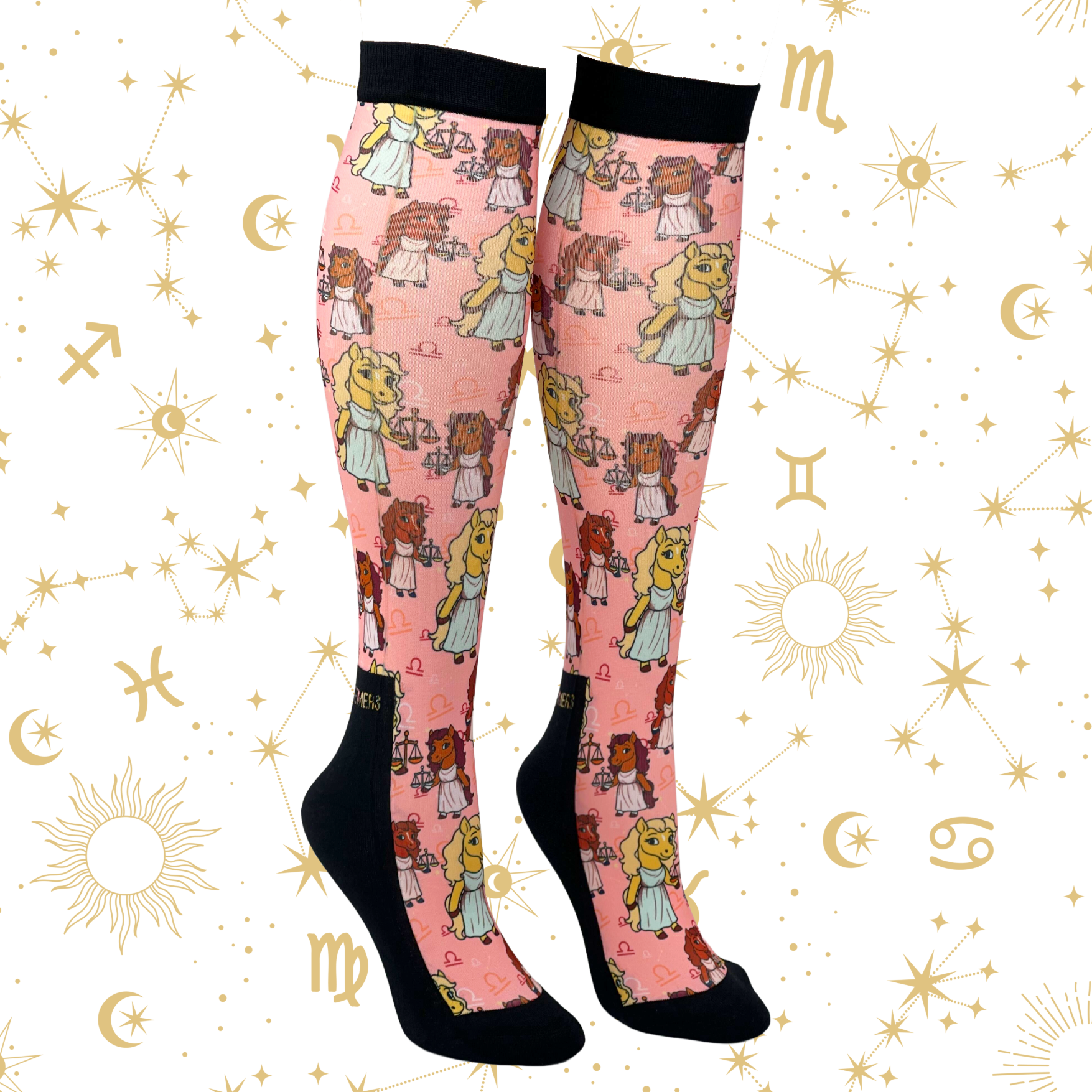 Libra zodiac themed limited edition boot socks with colorful character design on pink background