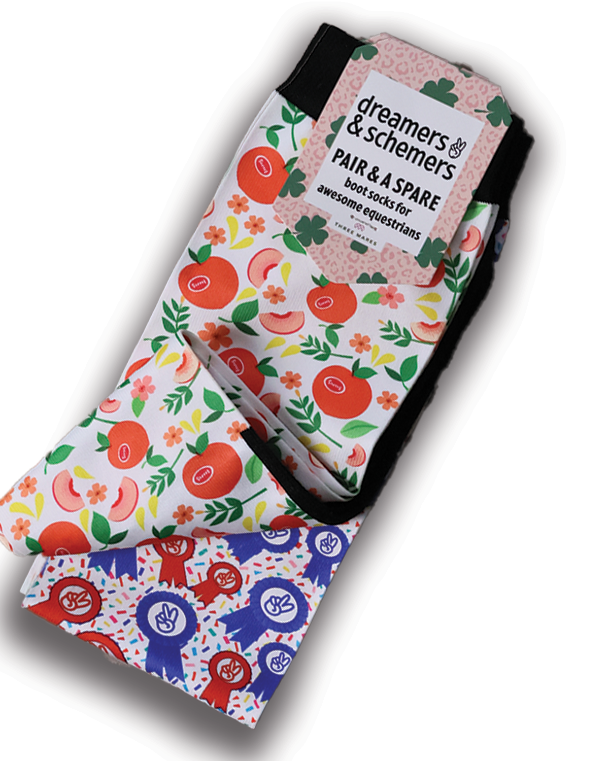 Life's a Peach Pair & a Spare equestrian boot socks featuring peach fruit print, alternate angle, by Dreamers & Schemers