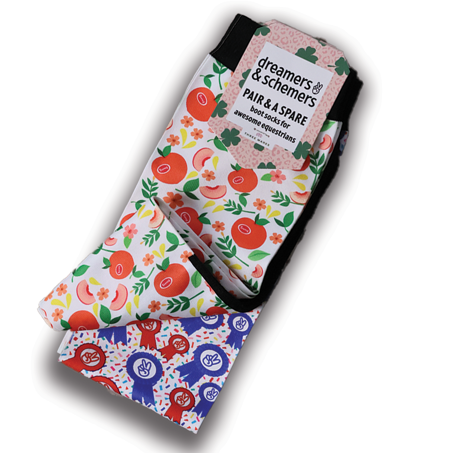 Life's a Peach Pair & a Spare equestrian boot socks featuring peach fruit print, alternate angle, by Dreamers & Schemers