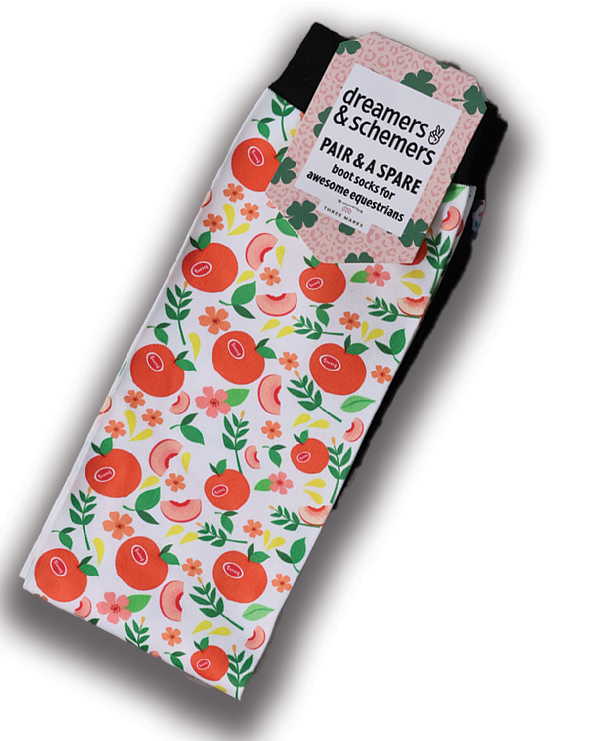 Life's a Peach Pair & a Spare equestrian boot socks with peach fruit print, by Dreamers & Schemers