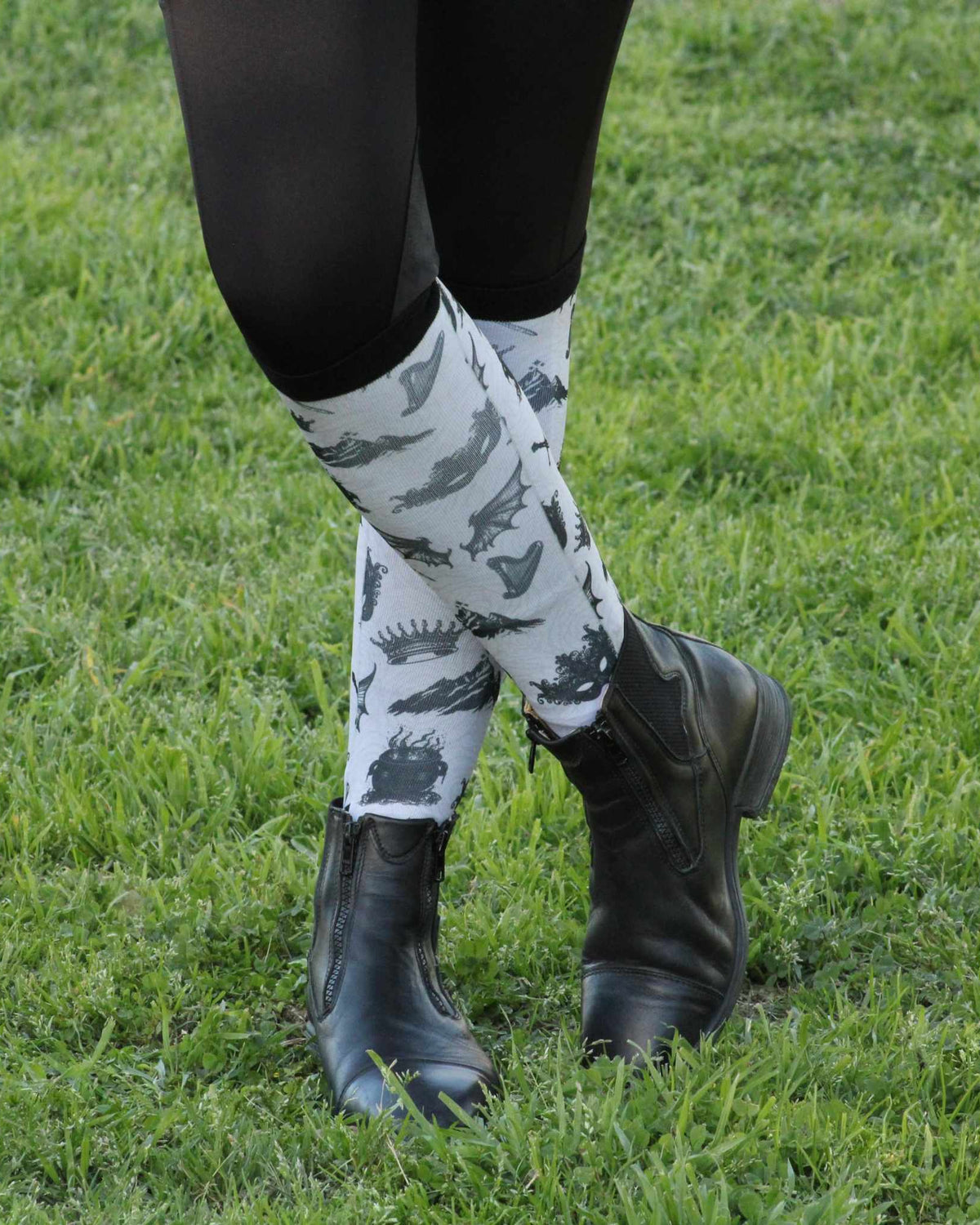 a Court of Socks & Horses limited edition equestrian boot socks, showing the full pattern layout