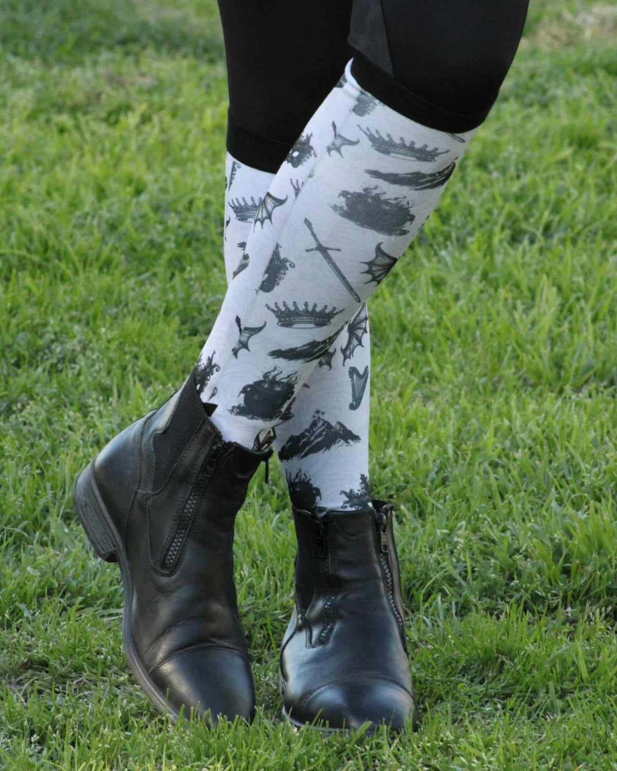 a Court of Socks & Horses limited edition equestrian boot socks featuring acotar fantasy court, alternate angle, by Dreamers & Schemers