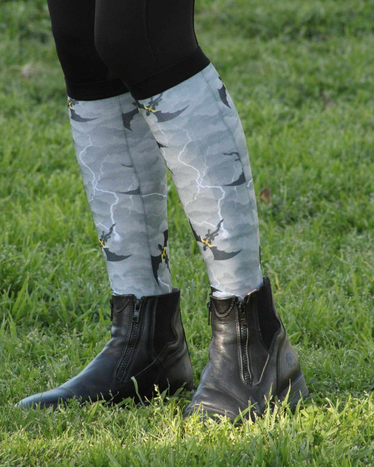 Fourth Wing limited edition equestrian boot socks featuring fourth wing dragon fantasy, alternate angle, by Dreamers & Schemers