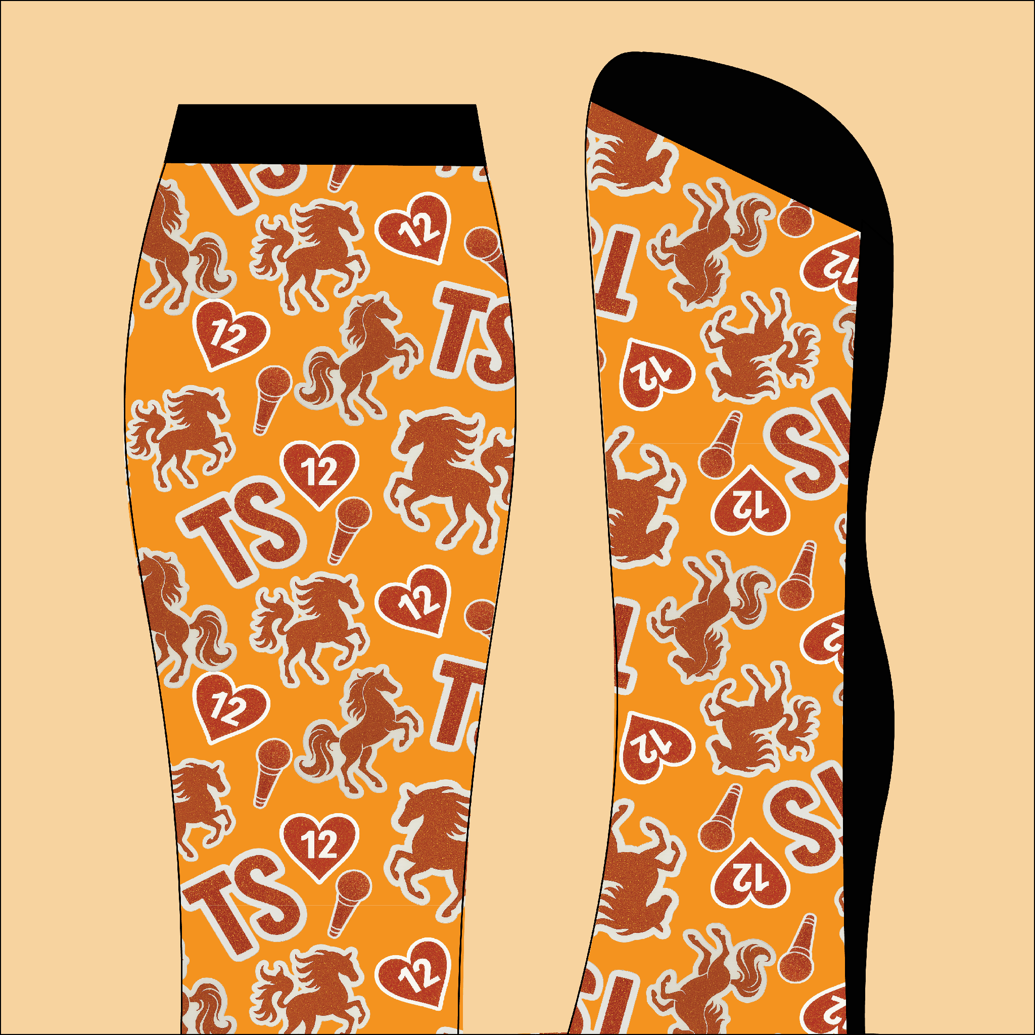 Orange horse showgirl boot socks with brown horse, heart, microphone, and "TS 12" patterns