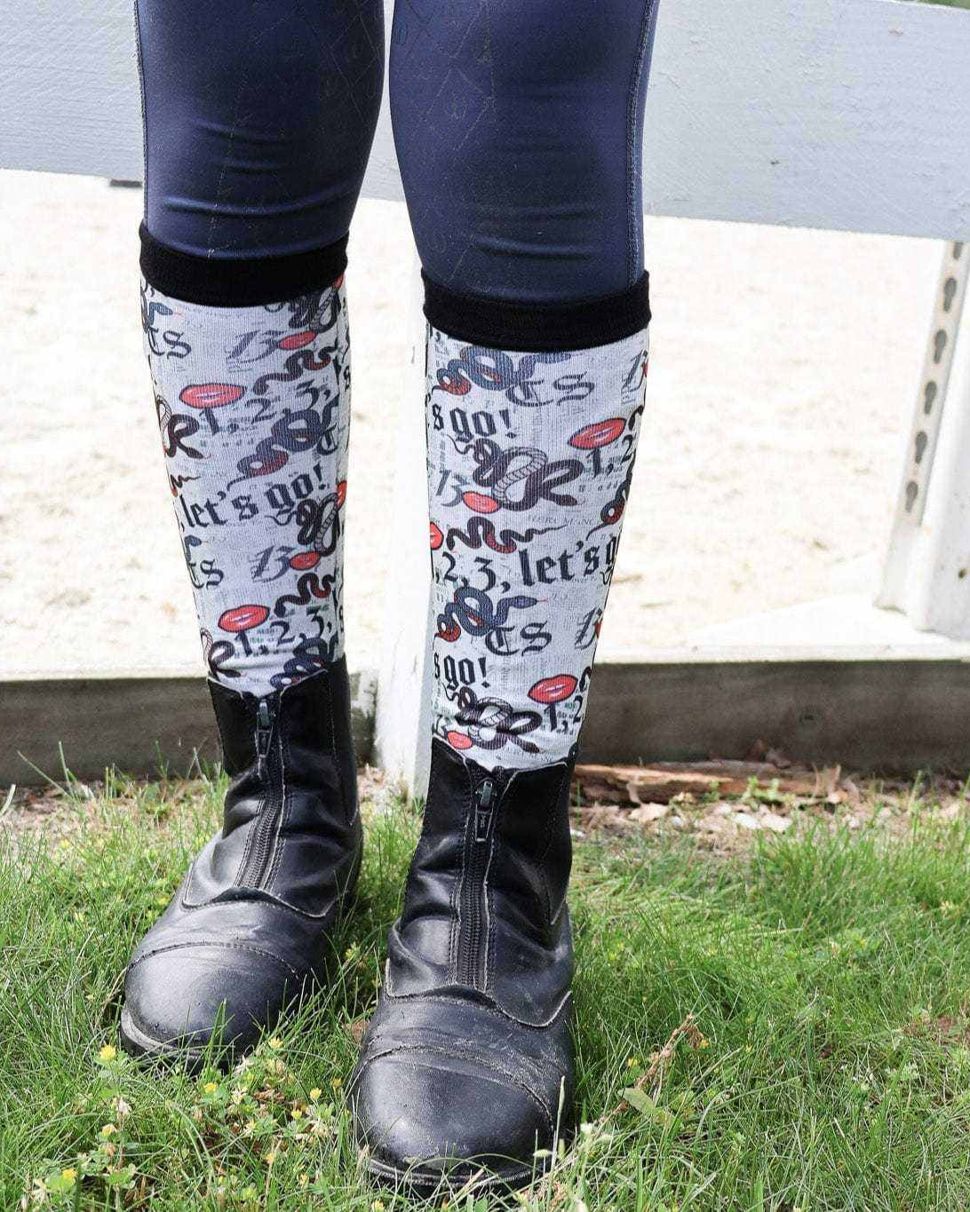Look What You Made Me Jump limited edition equestrian boot socks with show jumping taylor, alternate angle, by Dreamers & Schemers