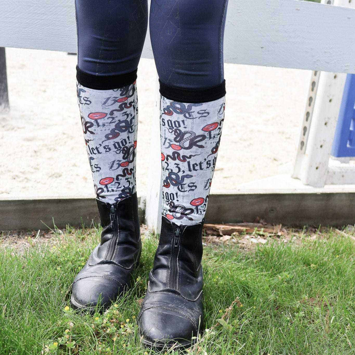 Look What You Made Me Jump limited edition equestrian boot socks with show jumping taylor, alternate angle, by Dreamers & Schemers