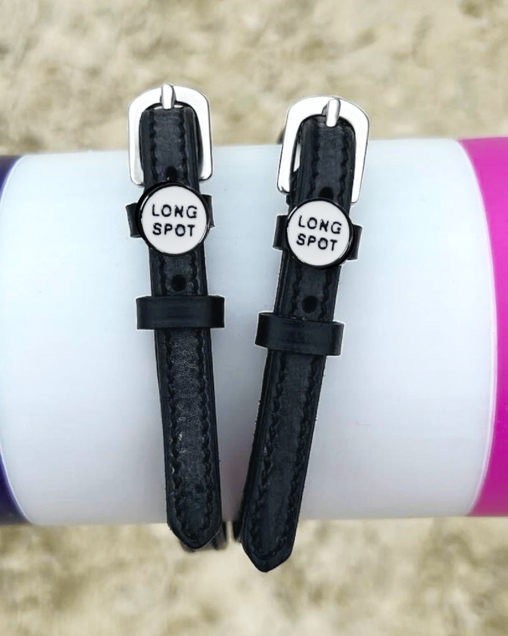 Long Spot Spur Straps ManeJane black leather spur straps with non-stretch interior and stainless steel buckle for English r.