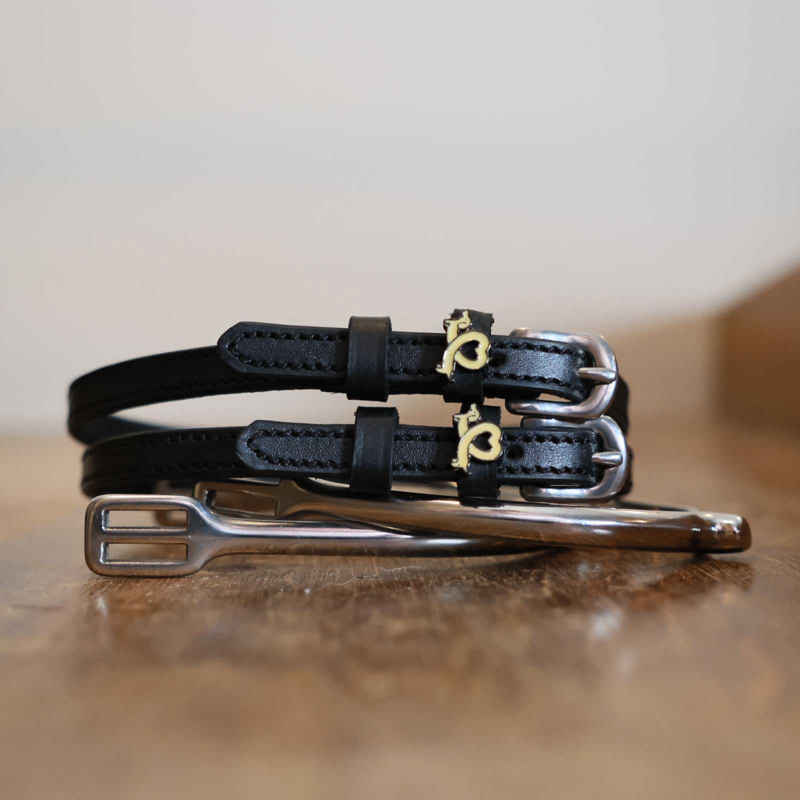 Black leather Long Dogs Spur Straps with stainless steel buckle and custom charm