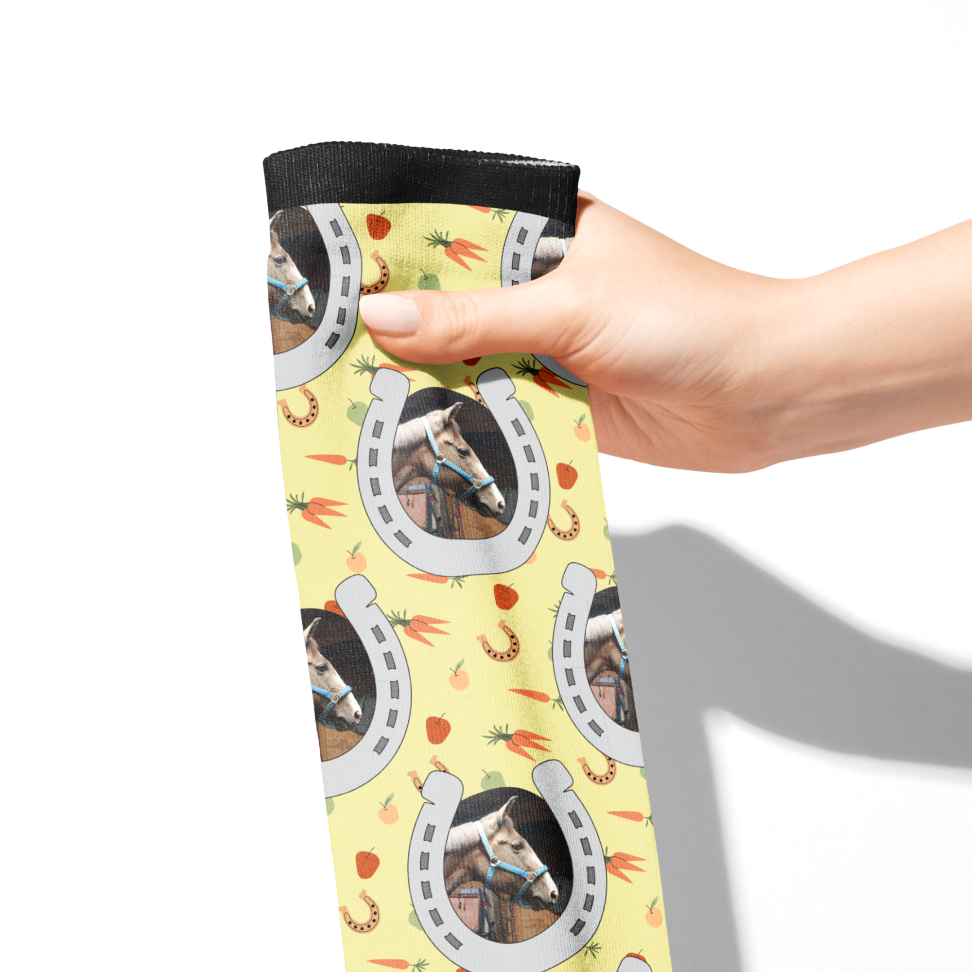Custom horseshoe design socks featuring horse photos and stable snackies pattern