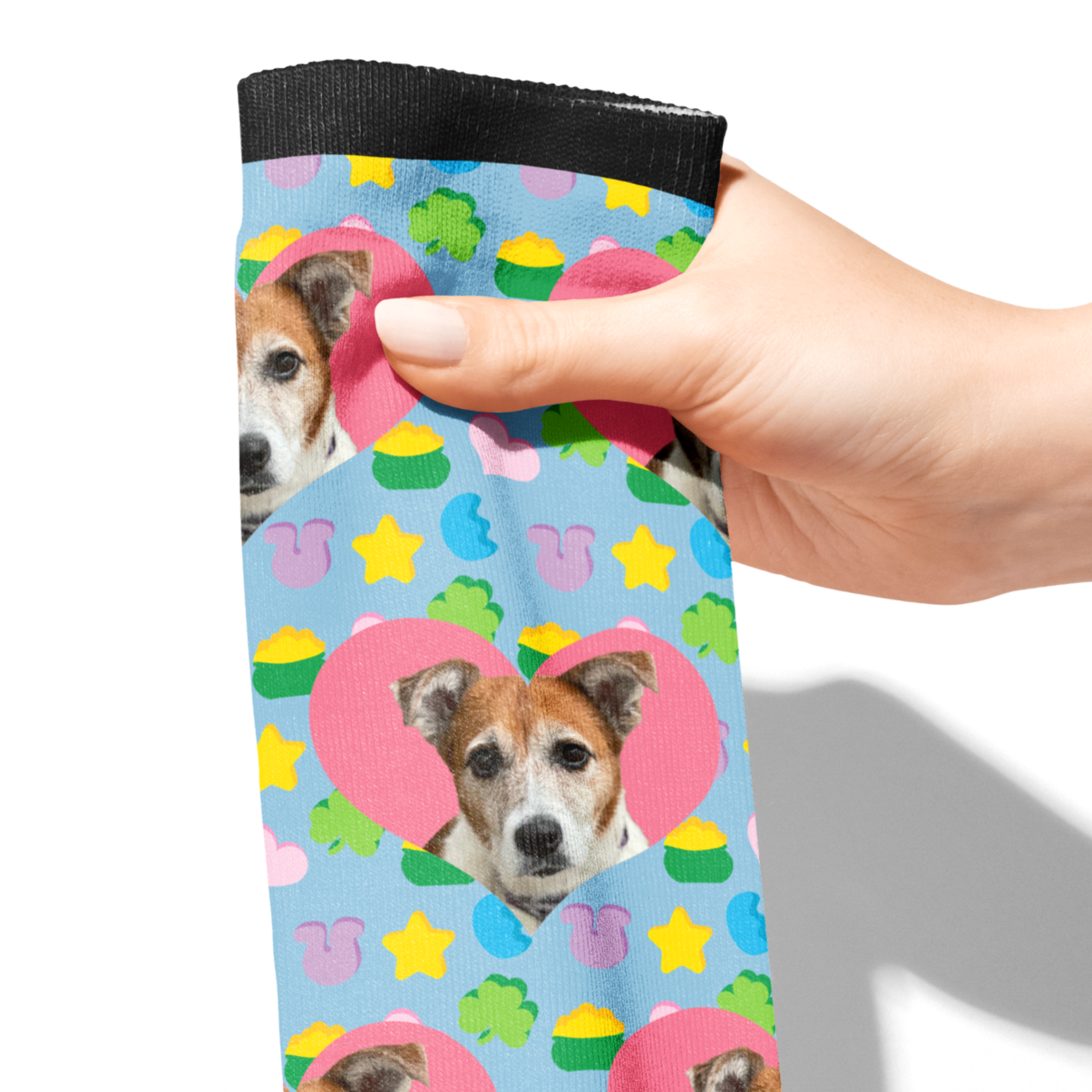 Custom Heart with Lucky Treats Socks featuring dog photo and colorful lucky charm pattern held in hand