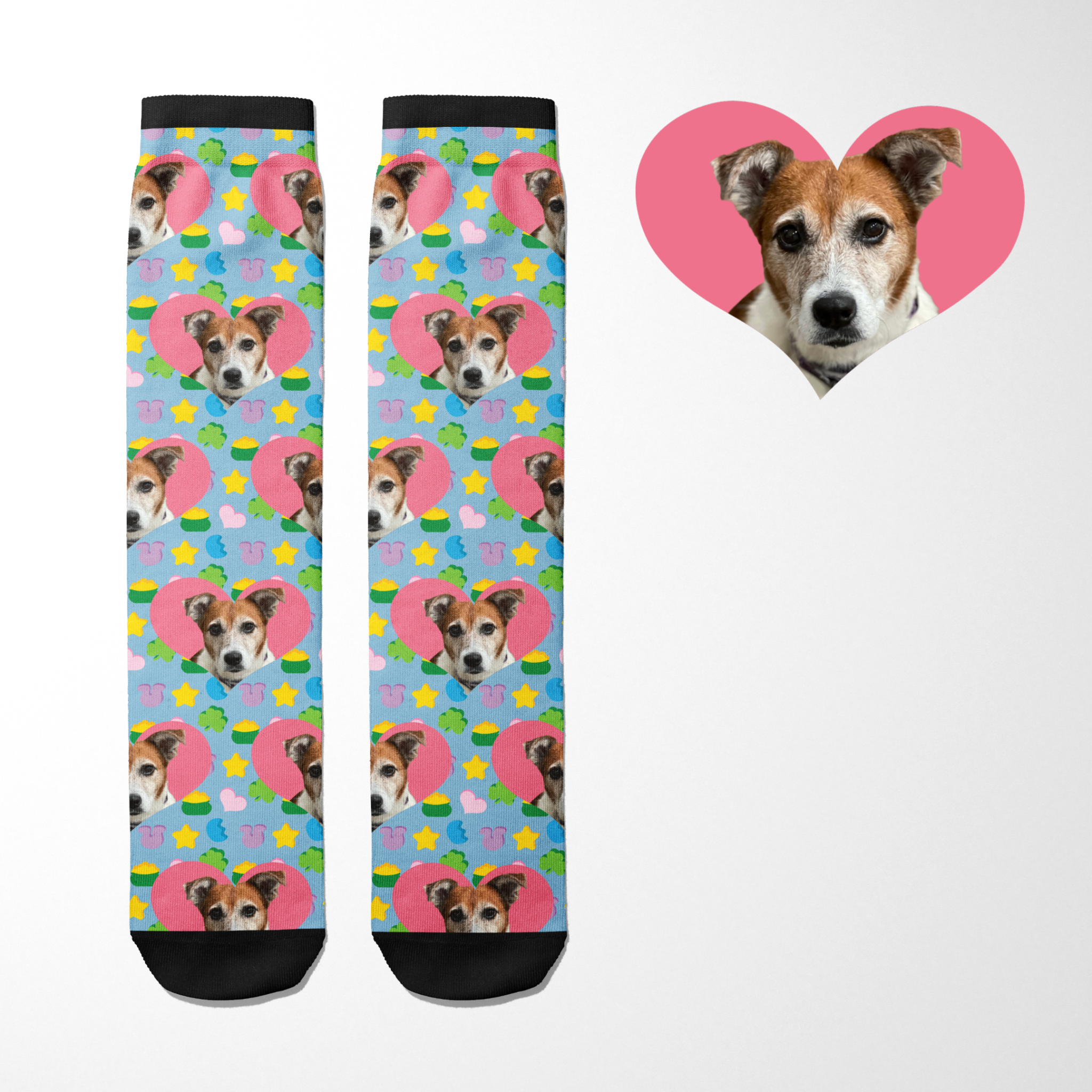 Custom Heart with Lucky Treats Socks featuring a dog's photo and colorful treats pattern