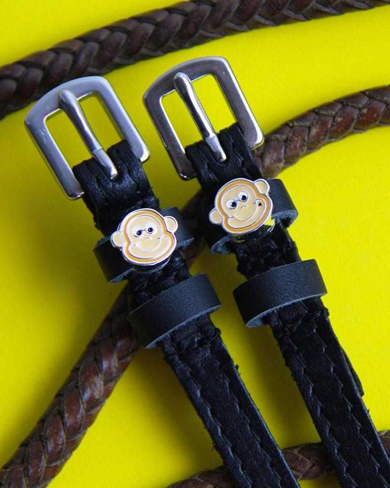 Monkey Faces Spur Straps ManeJane black leather spur straps with non-stretch interior and stainless steel buckle for Englis.