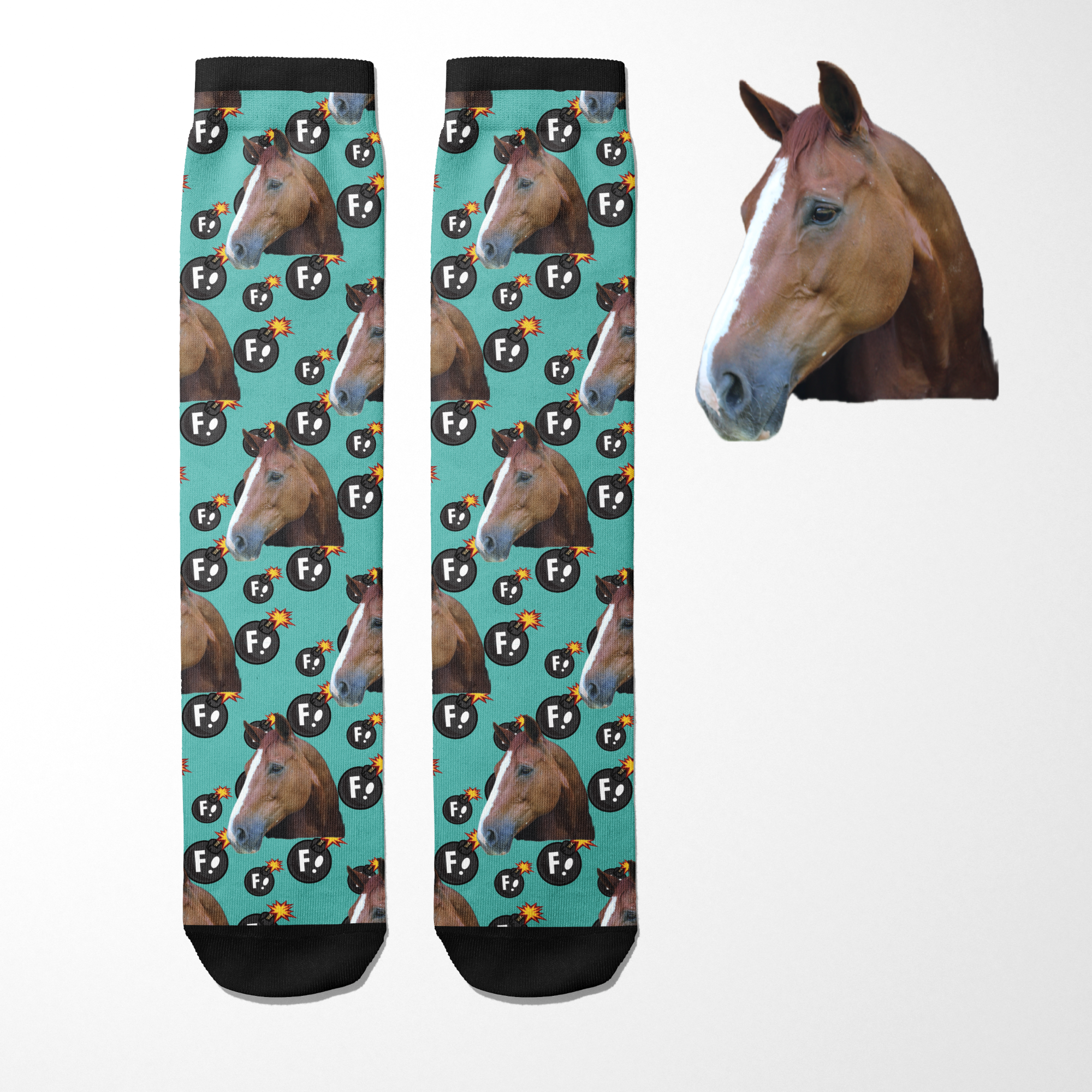 Custom Solo socks with repeated horse head and F Bombs pattern on teal background