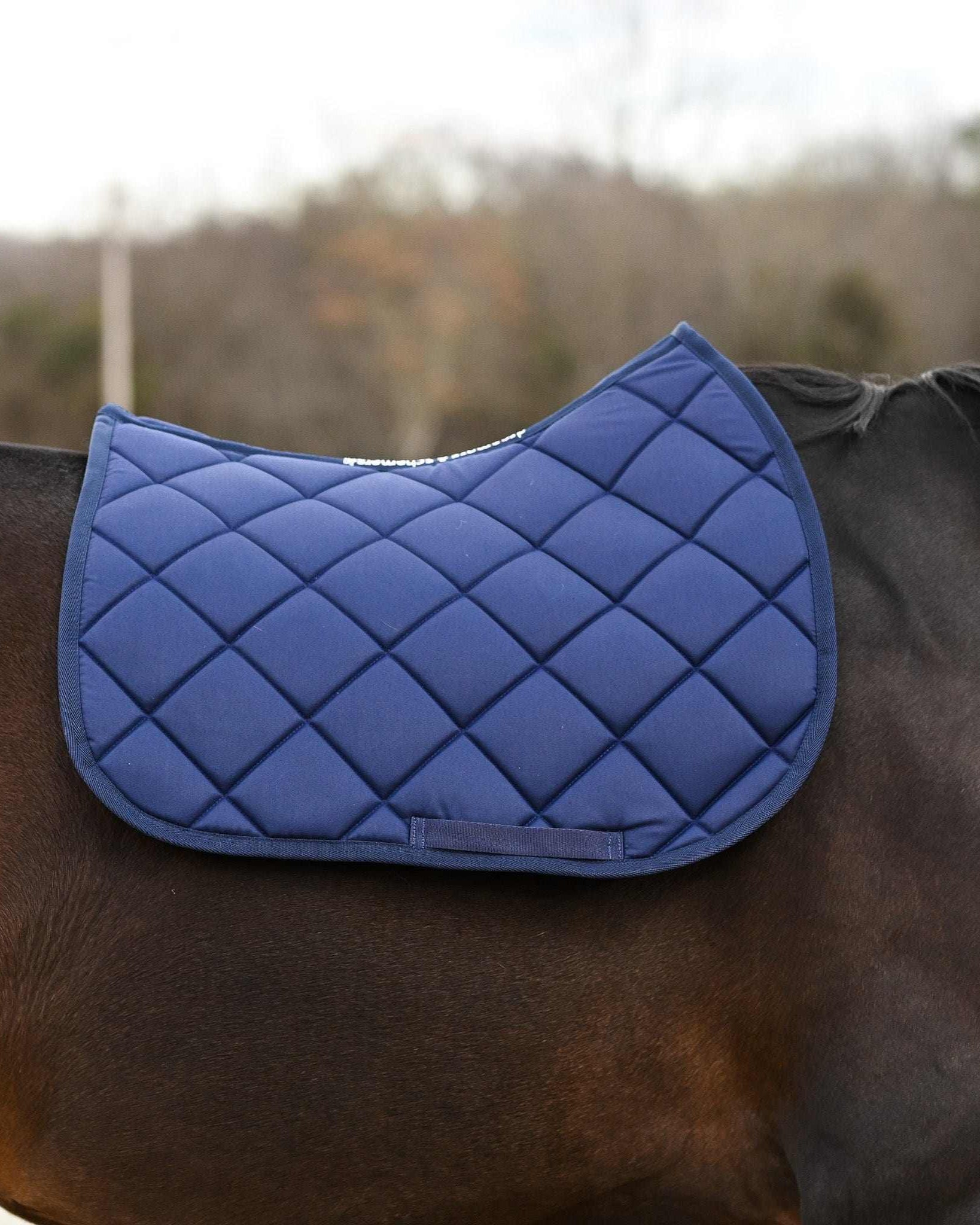 Navy blue quilted saddle pad from Blue Bundle on horse back