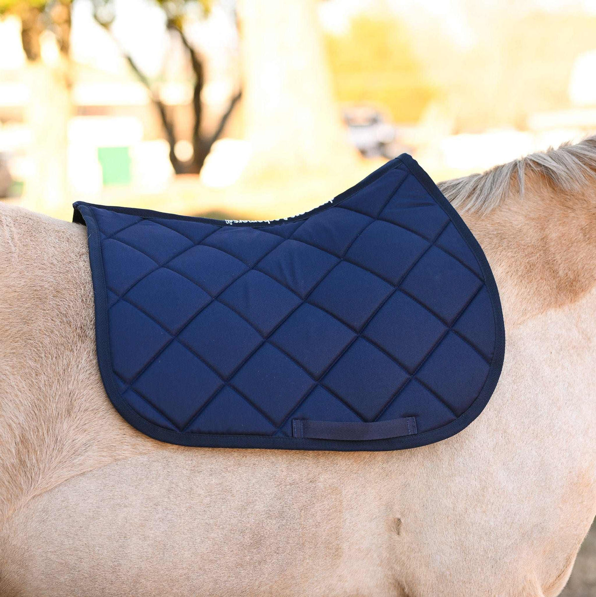 Navy blue quilted saddle pad on horse back from Blue Bundle equestrian set
