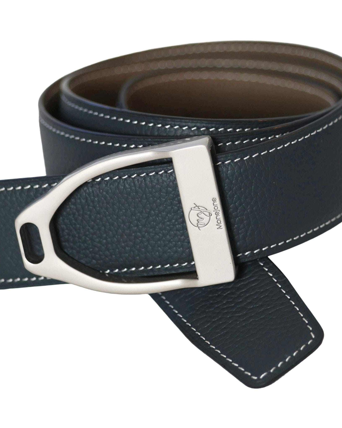 ManeJane Navy/Taupe Reversible Leather Belt Strap reversible leather belt, additional view, equestrian accessory by Dreamers & Schemers