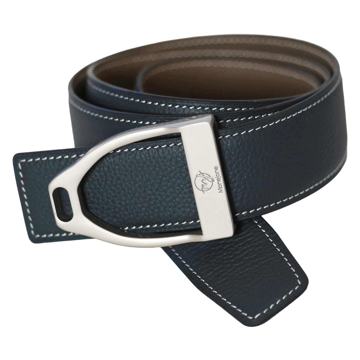 ManeJane Navy/Taupe Reversible Leather Belt Strap reversible leather belt, additional view, equestrian accessory by Dreamers & Schemers