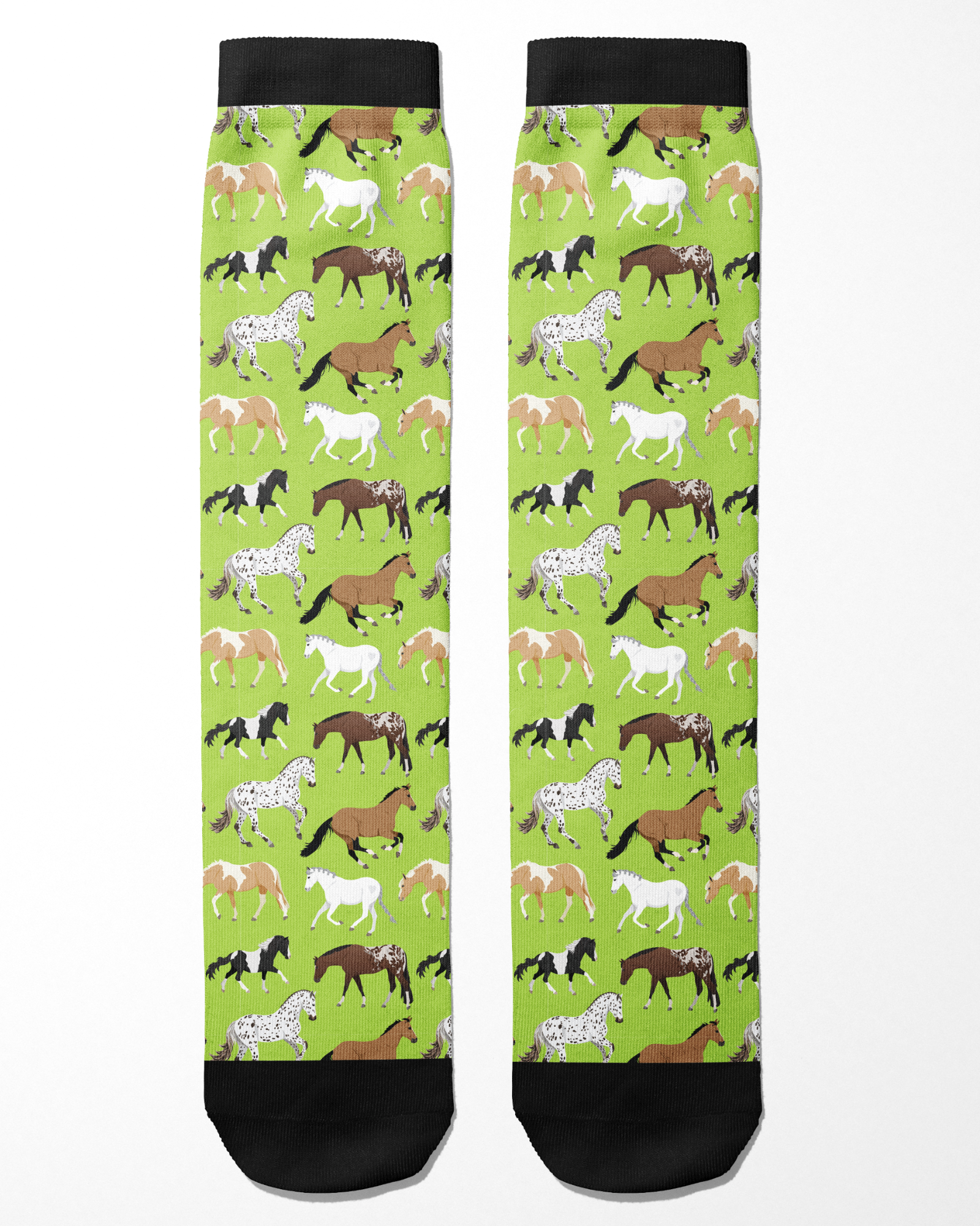 Limited Edition Pony Island Neon Ponies Socks with colorful horse pattern on green background and black cuffs and toes
