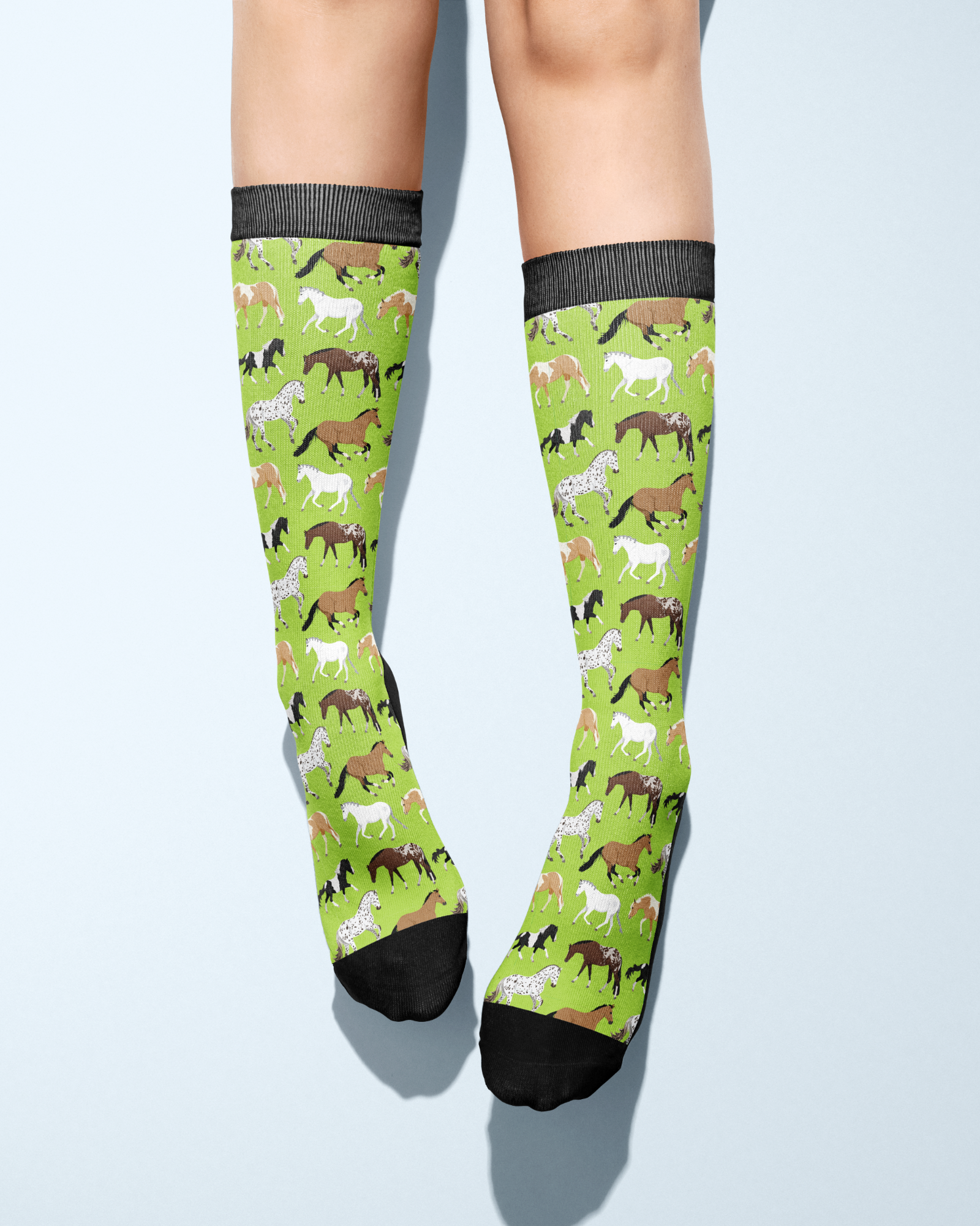 Limited Edition Pony Island Neon Ponies socks with colorful pony pattern on green background, knee-high boot socks
