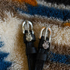 Owl Silver Bling Silver Spur Straps ManeJane black leather spur straps with non-stretch interior and stainless steel buckle.