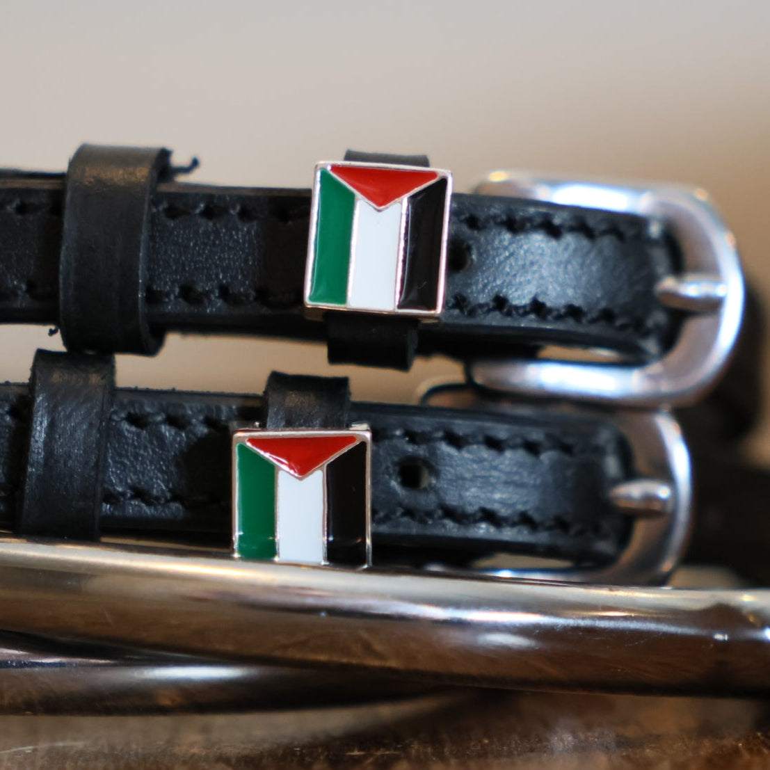 Black leather spur straps with Palestine flag charm and stainless steel buckle