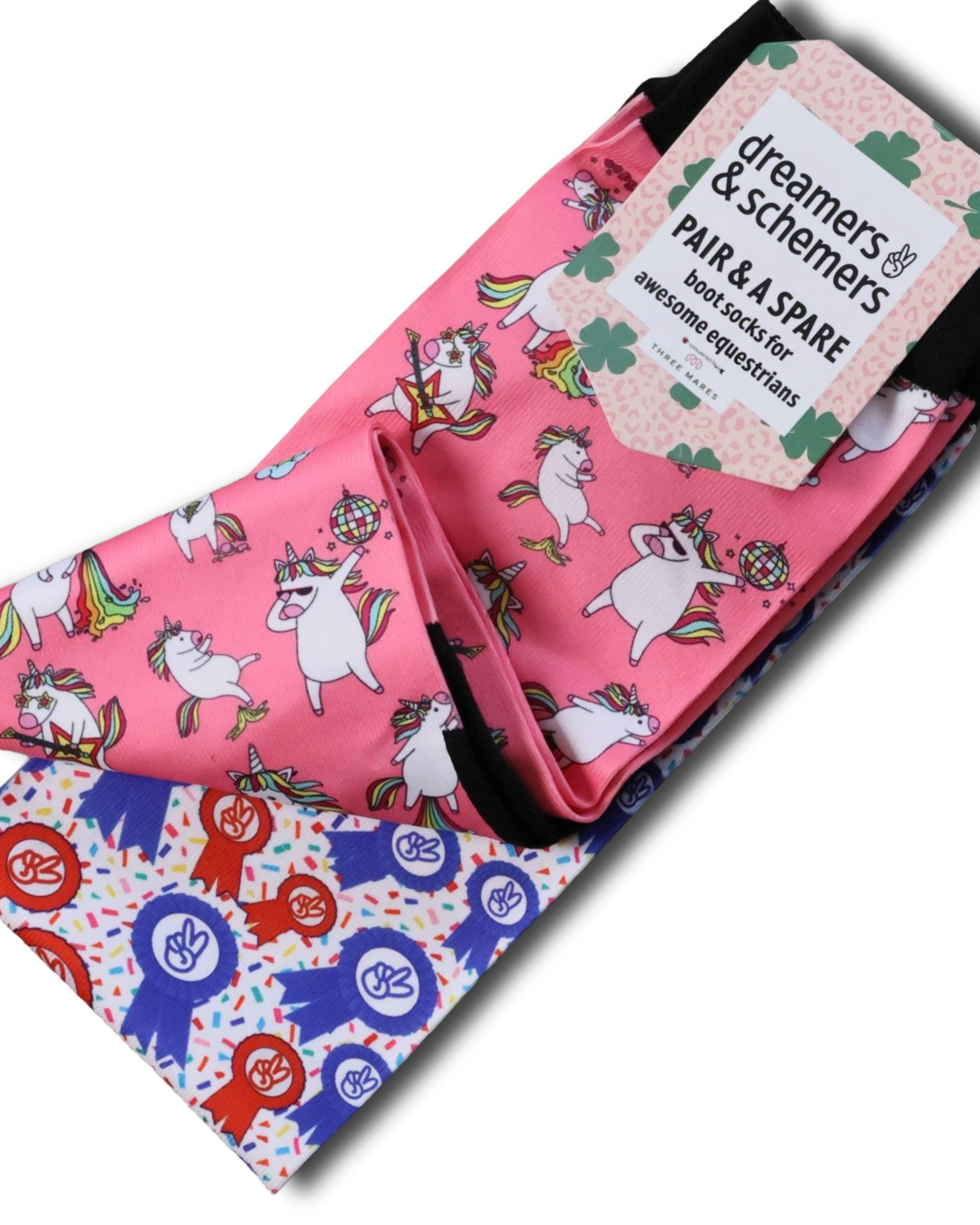 Party Too Hardycorn Pair & a Spare equestrian boot socks featuring unicorn party print, alternate angle, by Dreamers & Schemers