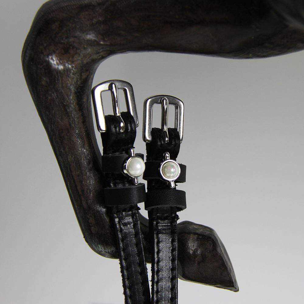 ManeJane Pearl Princess Spur Straps Spur Straps — black leather, non-stretch, hero image for English riders.