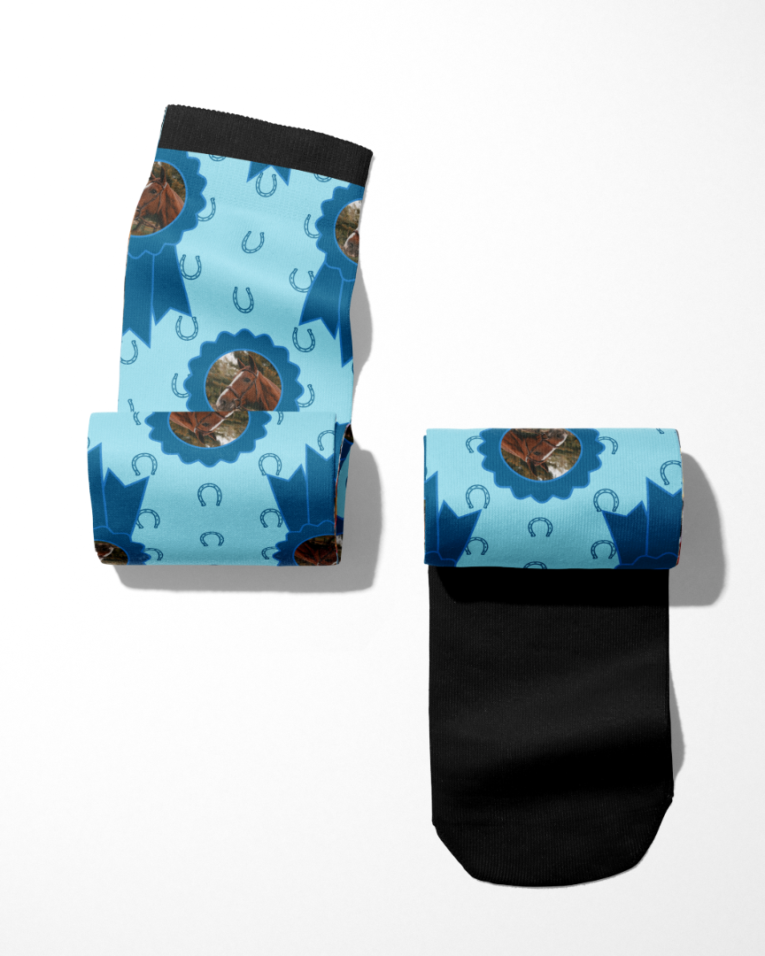 custom blue socks with photo of horse and blue ribbon pattern