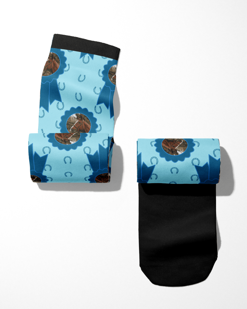 custom blue socks with photo of horse and blue ribbon pattern