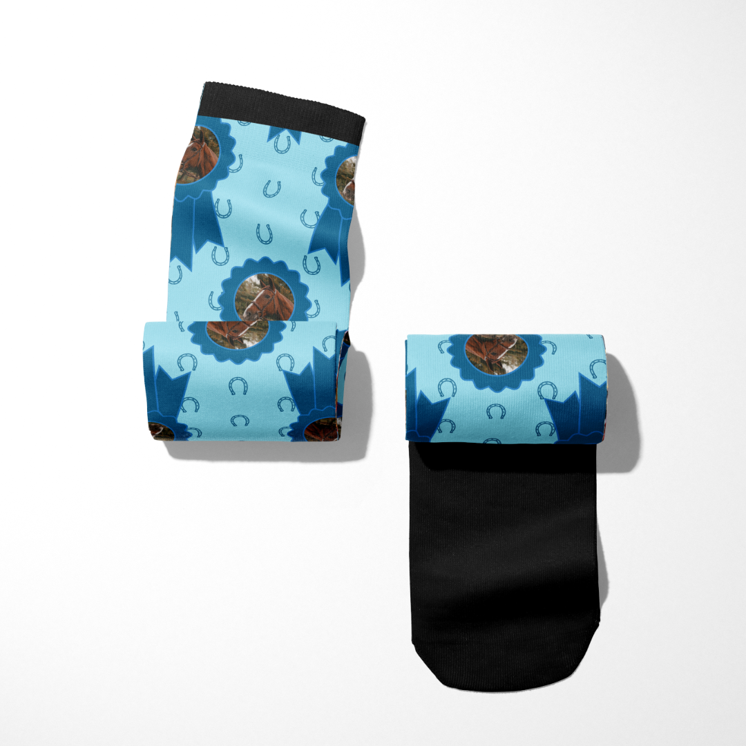 custom blue socks with photo of horse and blue ribbon pattern