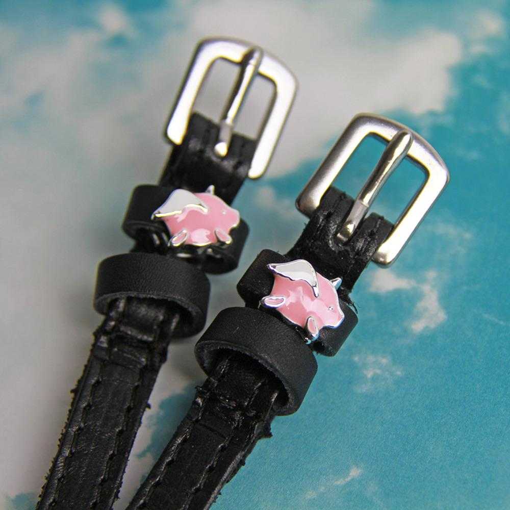 Pigs Fly Spur Straps ManeJane black leather spur straps with non-stretch interior and stainless steel buckle for English ri.