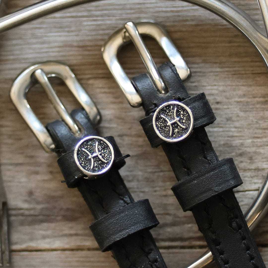 Black leather Pisces Spur Straps with stainless steel buckles and custom zodiac charm