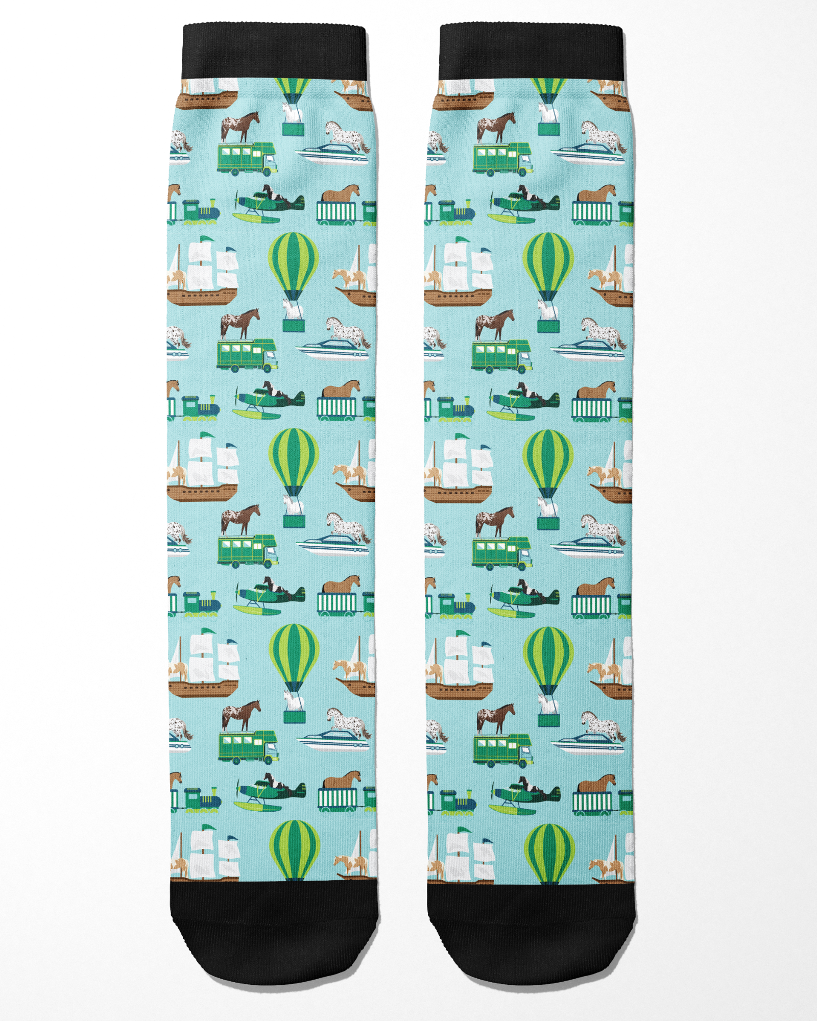 Limited Edition Pony Island Pony Transport Socks with colorful pony and vehicle pattern on light blue background