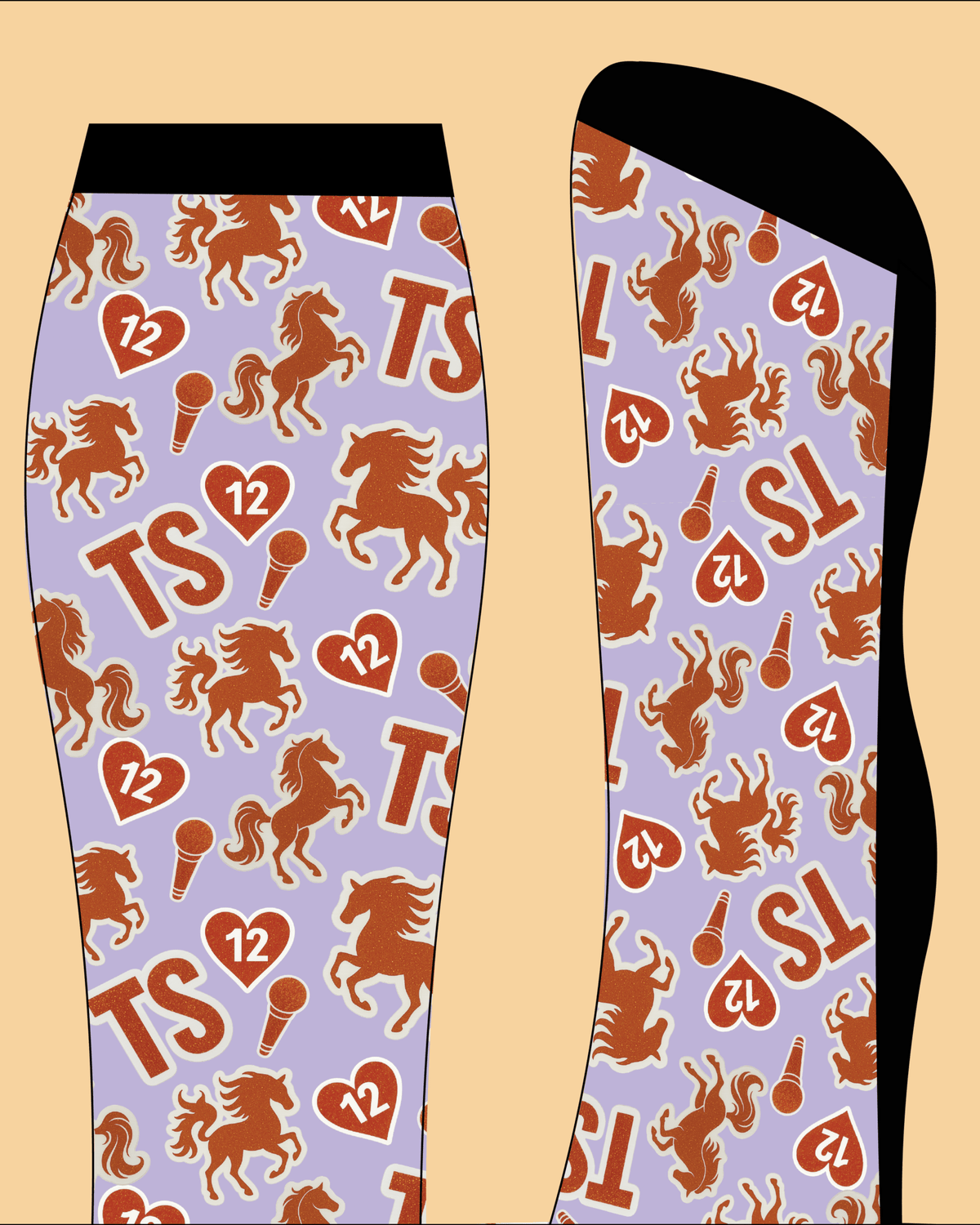 Limited edition horse showgirl boot socks with horse and microphone pattern in brown and purple colors