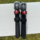ManeJane Red Lady Bug Spur Straps Spur Straps — black leather, non-stretch, hero image for English riders.