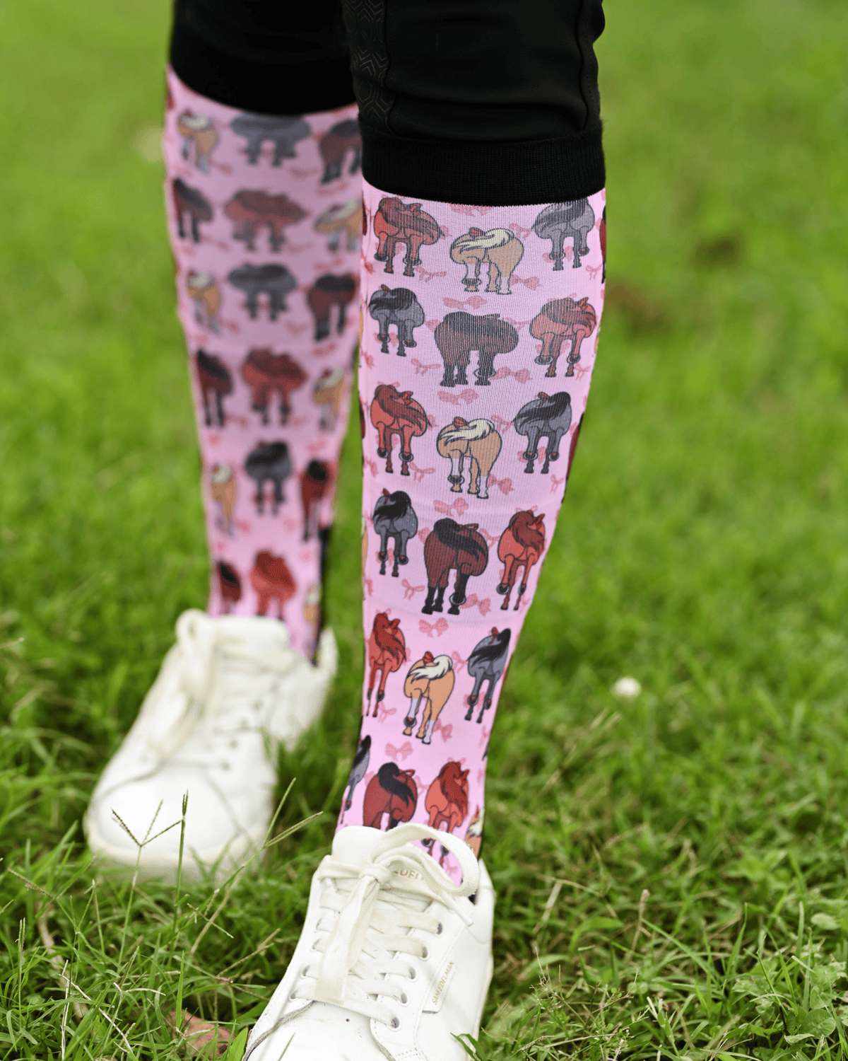 Red Ribbon Girlies Pair & a Spare boot socks worn on the calf, pink with horse hindquarters tied with red bows