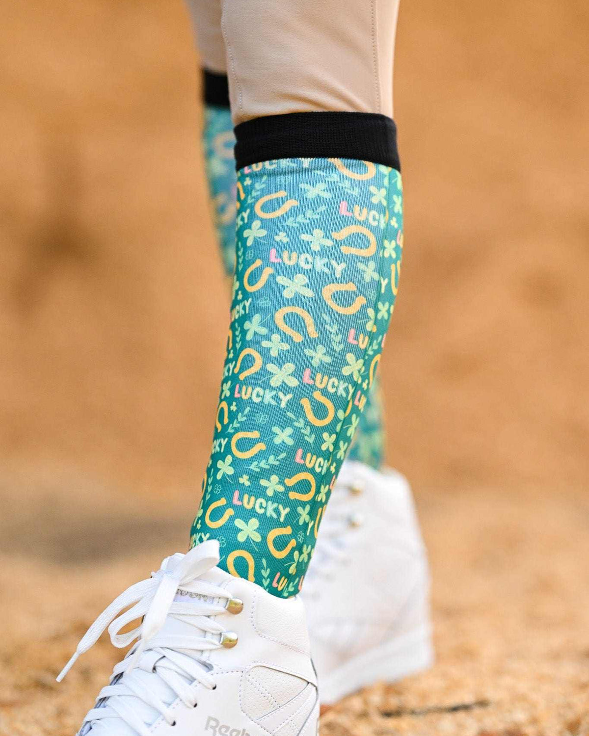 My Lucky limited edition equestrian boot socks, showing the full pattern layout