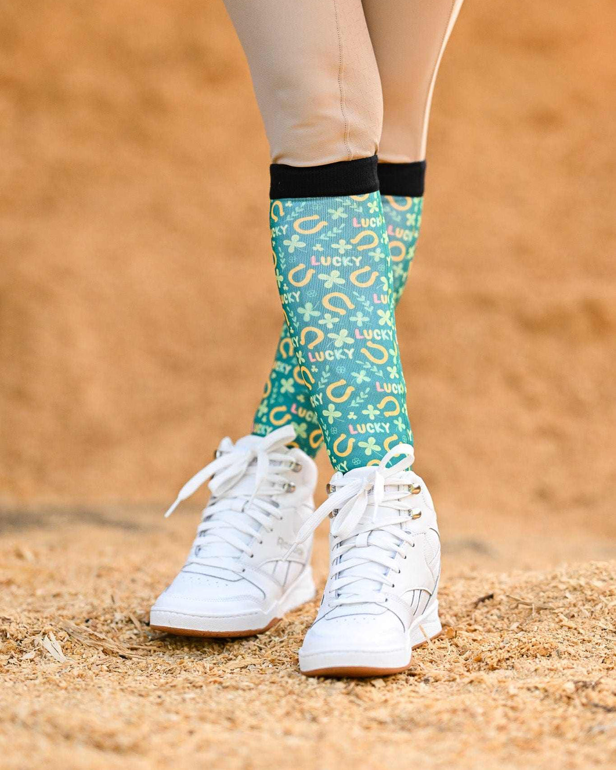 My Lucky limited edition equestrian boot socks featuring lucky horseshoe clover, alternate angle, by Dreamers & Schemers