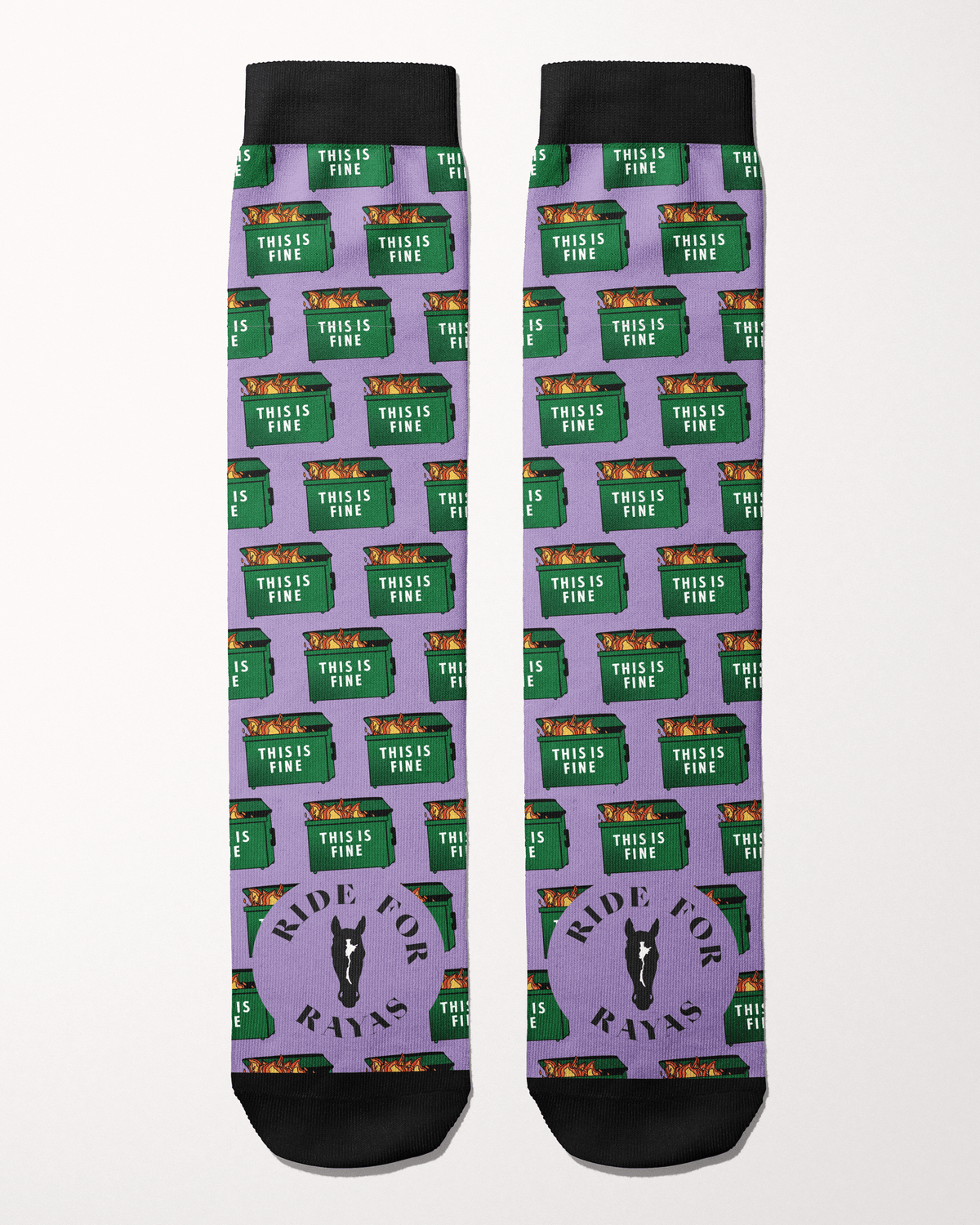 Ride for Rayas Dumpster Fire equestrian boot socks in lilac with green This Is Fine dumpsters, flat lay, by Dreamers & Schemers