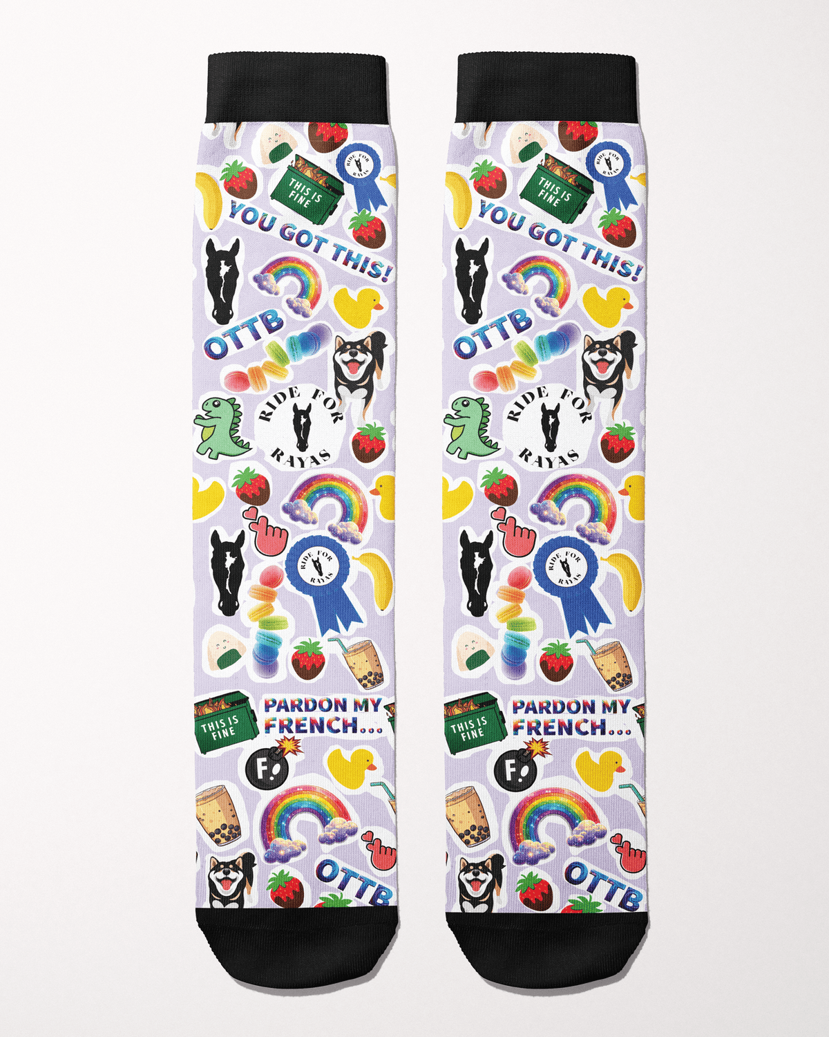 Ride for Rayas Friendship equestrian boot socks, pale lilac sticker collage of rainbows, ducks and ribbons, by Dreamers & Schemers