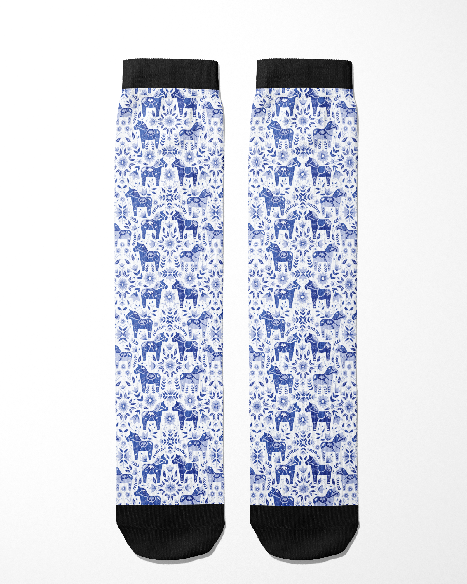 Limited Edition Pony Island Dala Horses Socks with blue folk-art pony pattern and black accents