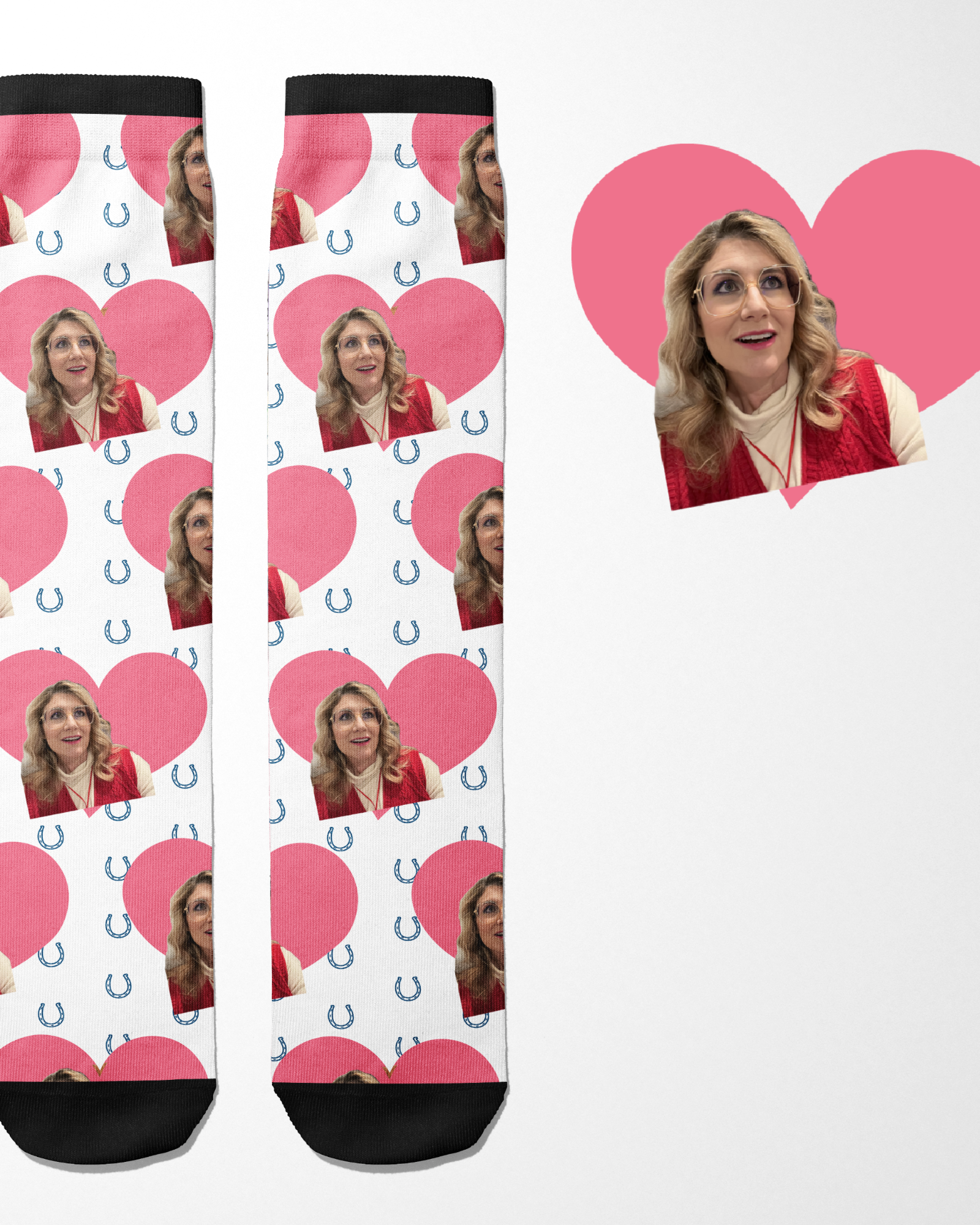 Custom Heart with Blue Horseshoes Socks featuring personalized photo and pink heart design