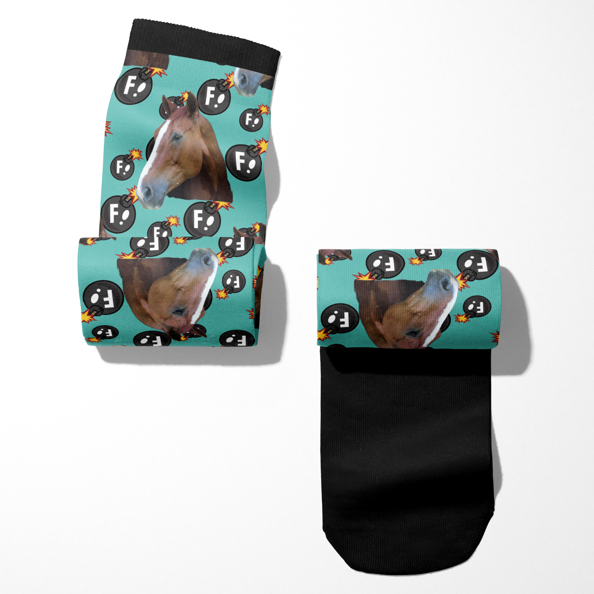 Custom Solo socks with horse and F Bombs pattern, personalized photo boot socks for adults
