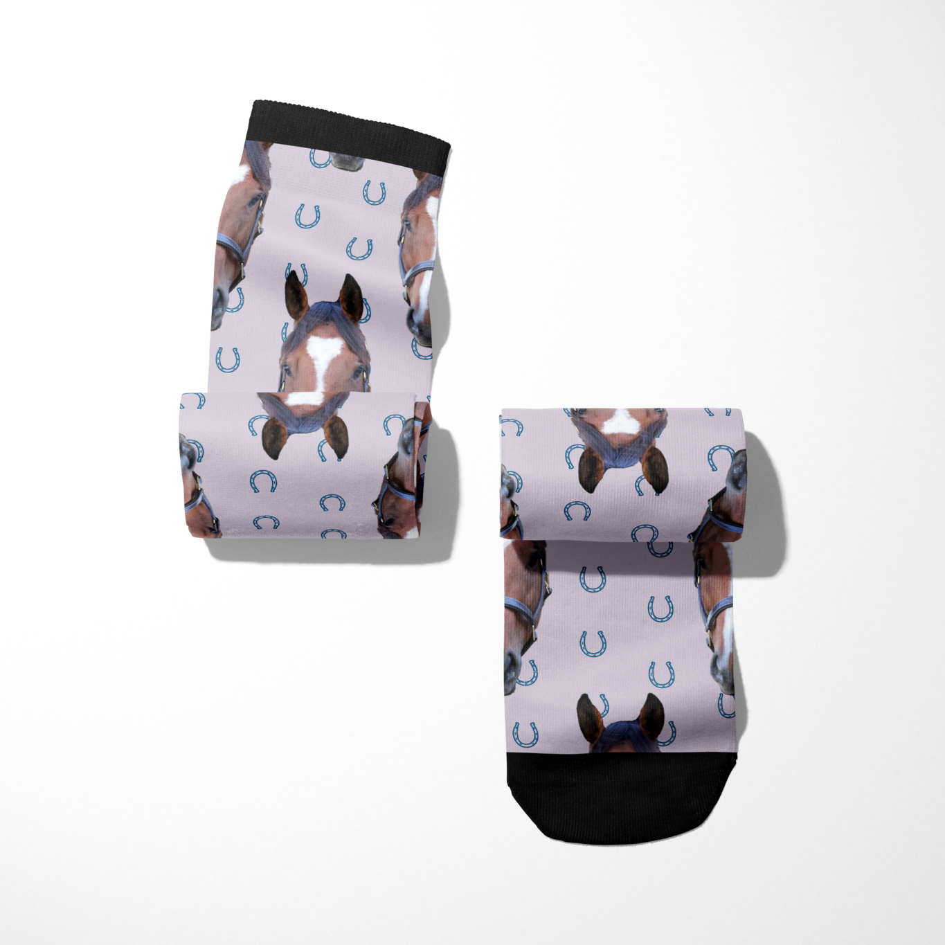 Custom Solo socks with blue horseshoes and horse face pattern