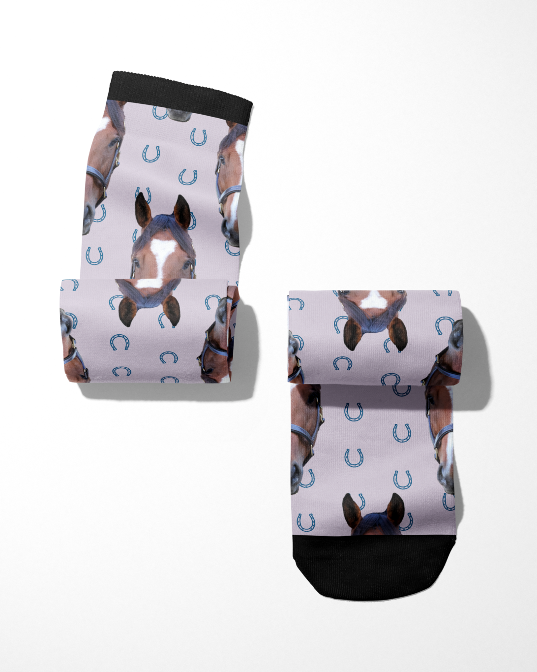 Custom Solo socks with blue horseshoes and horse face pattern